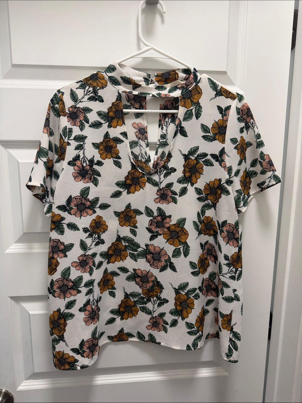 Floral Choker Neck Short Sleeve Top - White with Mustard & Pink Flowers
